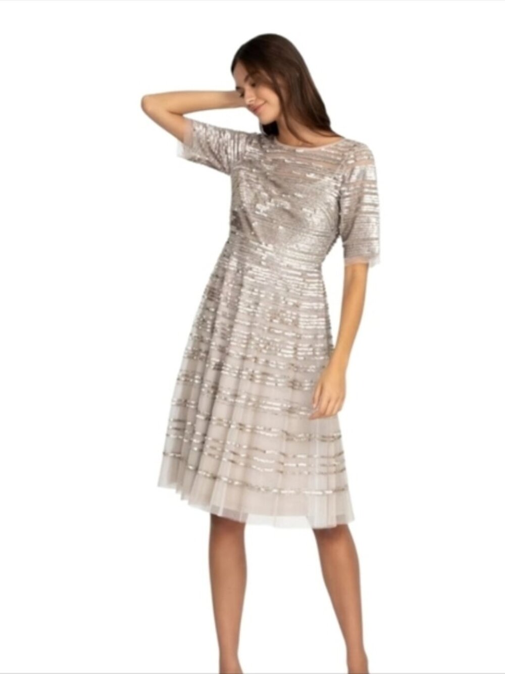 NWT Johnny Was Champagne Beaded Mesh Midi Dress Size 6 - Picture 3 of 4